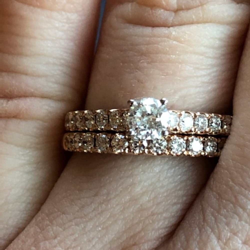 Sz7 14k Rose Gold and Diamond Engagement Ring/Wedding Band Set